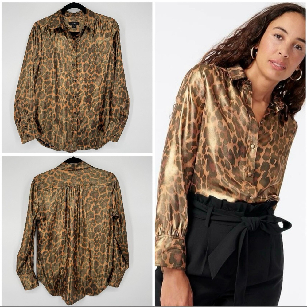 J.Crew Iridescent Leopard Print Button Down Shirt Size 4 Brown Gold